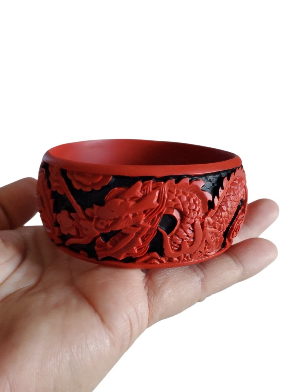 Antique 1920s Carved Cinnabar Dragon & Phoenix Bangle
